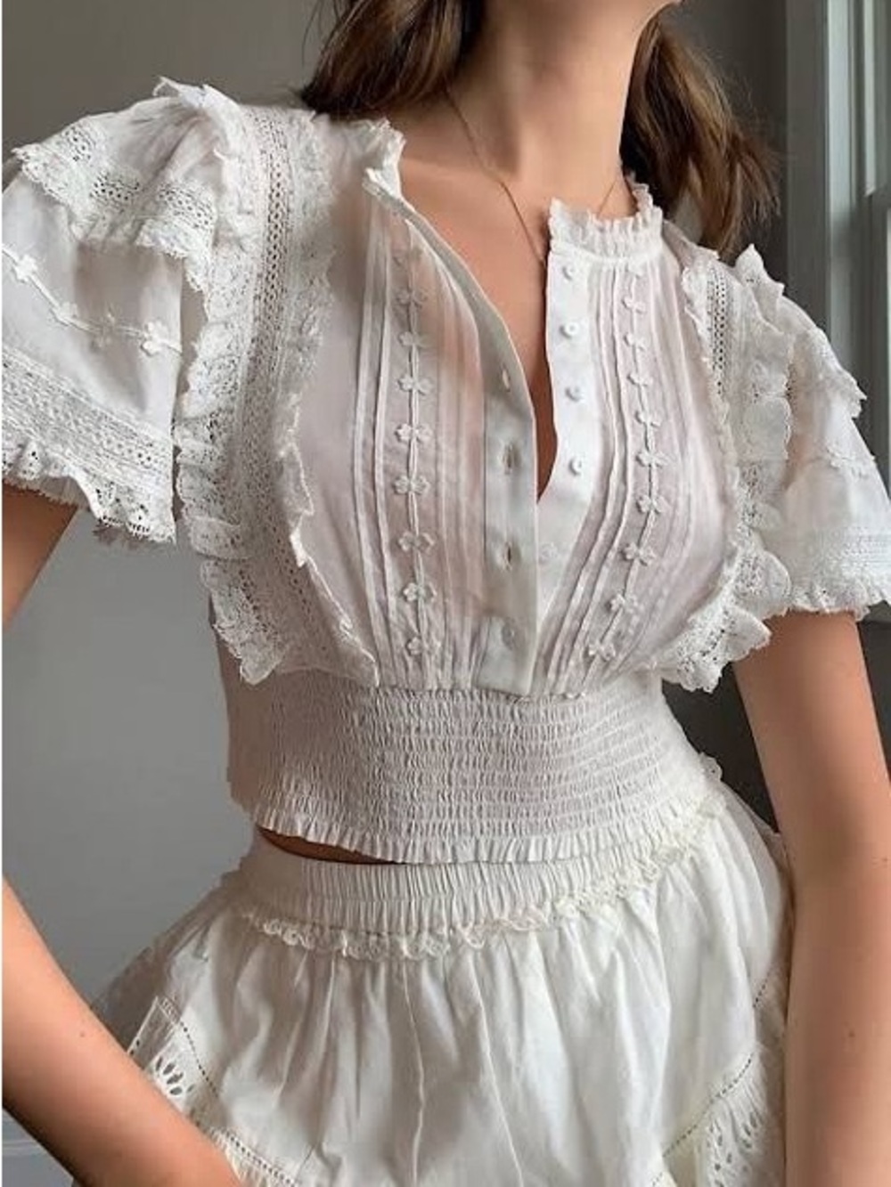 Sunday Best White Lace Pintuck Smocked Crop Blouse